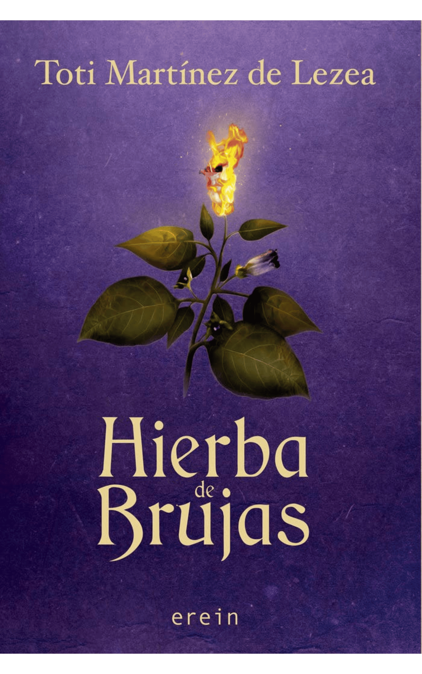 Cubierta del libro "Hierba de Brujas" de Toti Martínez de Lezea Hierba de Brujas: Cubierta del libro "Hierba de Brujas" de Toti Martínez de Lezea, mostrando una planta con flores y hojas verdes sobre un fondo púrpura.