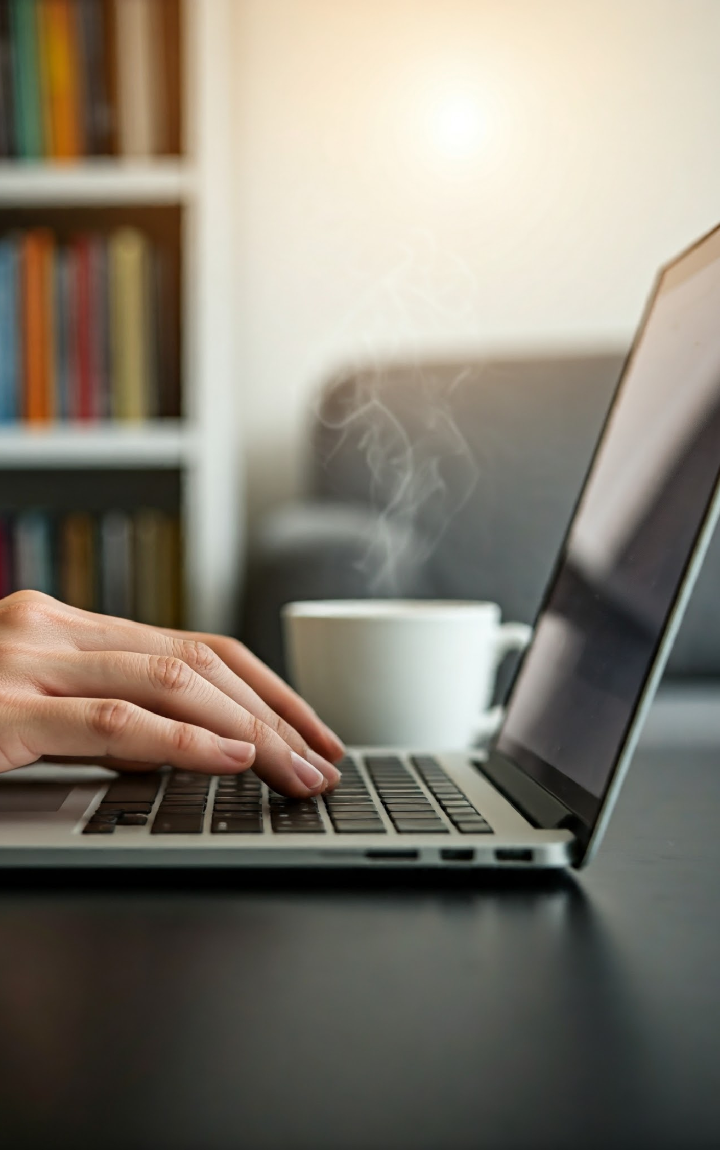 las manos de un escritor mirando la pantalla de su ordenador portátil con libros y una taza de café