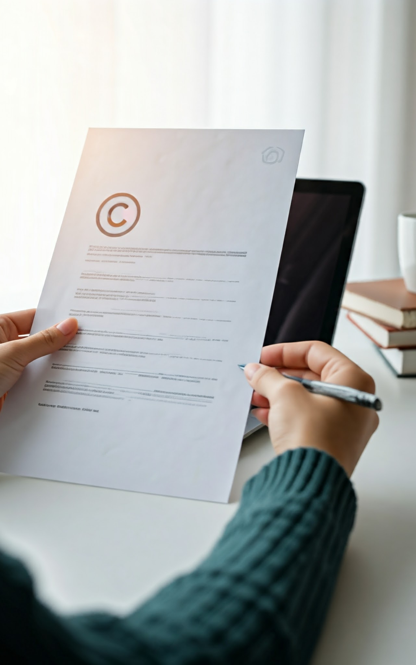Primer plano de manos sosteniendo un documento de derechos de autor con luz natural y moderna.