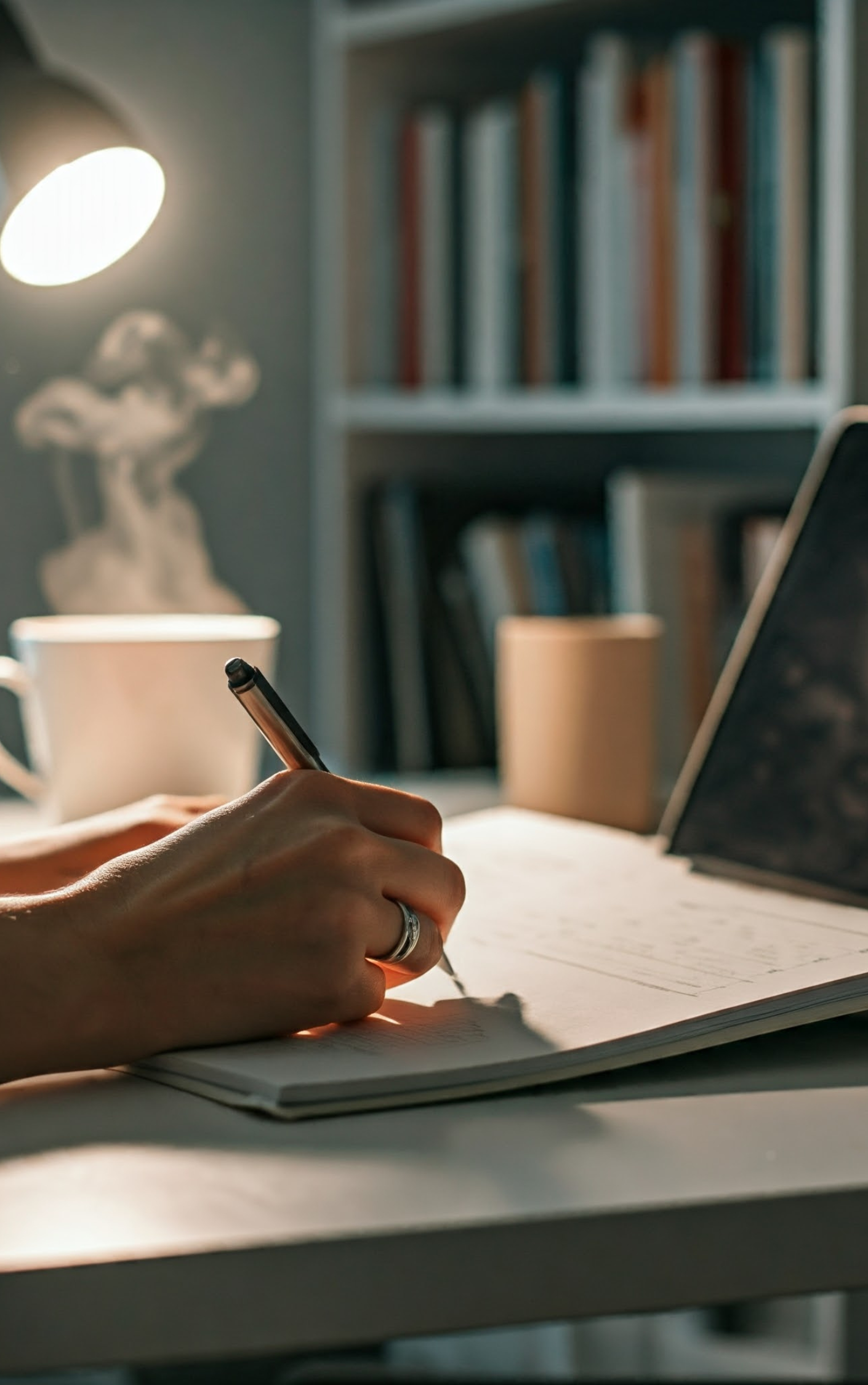 Escritora organizando ideas para convertir un blog en un libro en un espacio luminoso