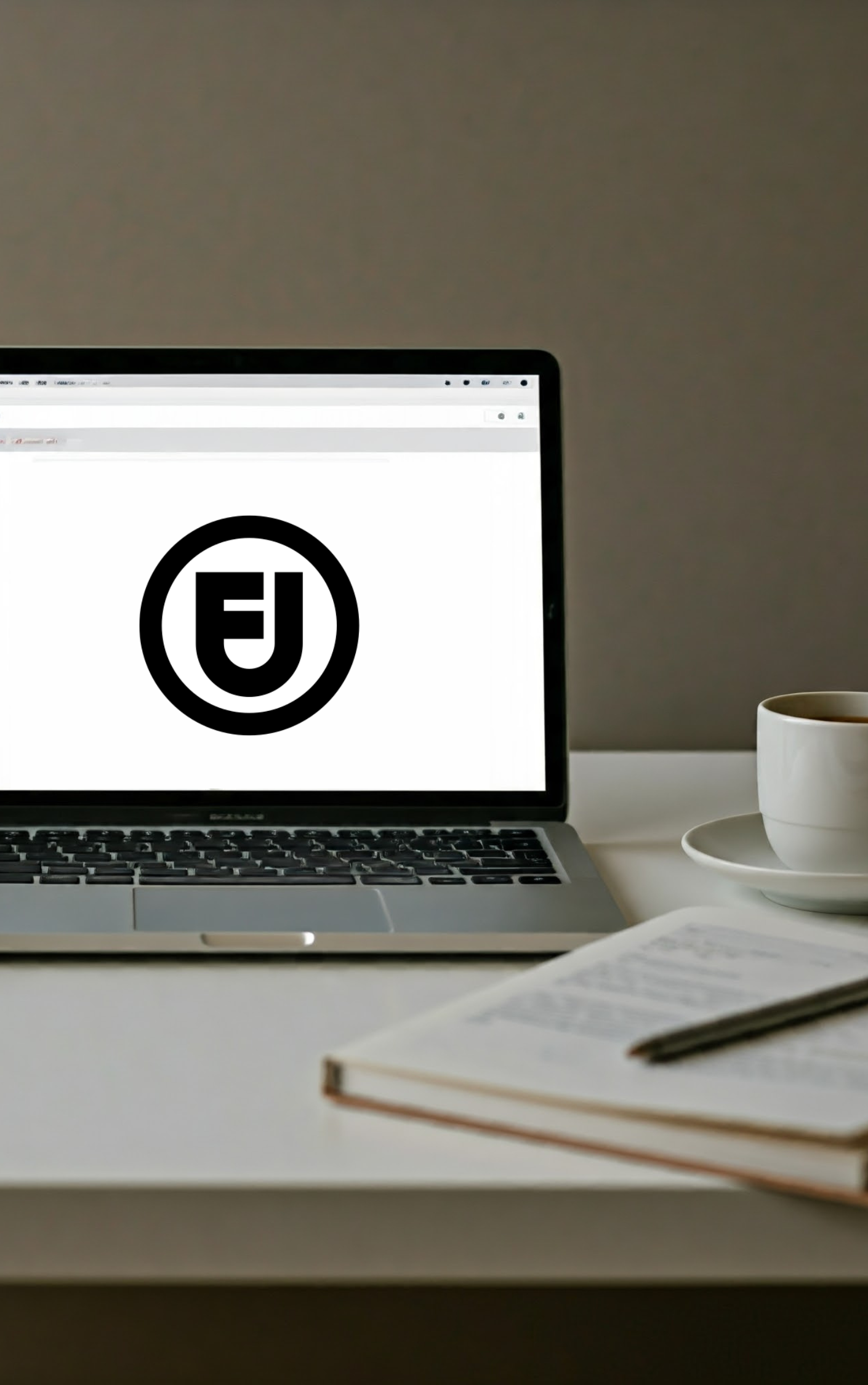 Símbolo de Fair Use en la pantalla de un portátil con una libreta y una taza de café al fondo.