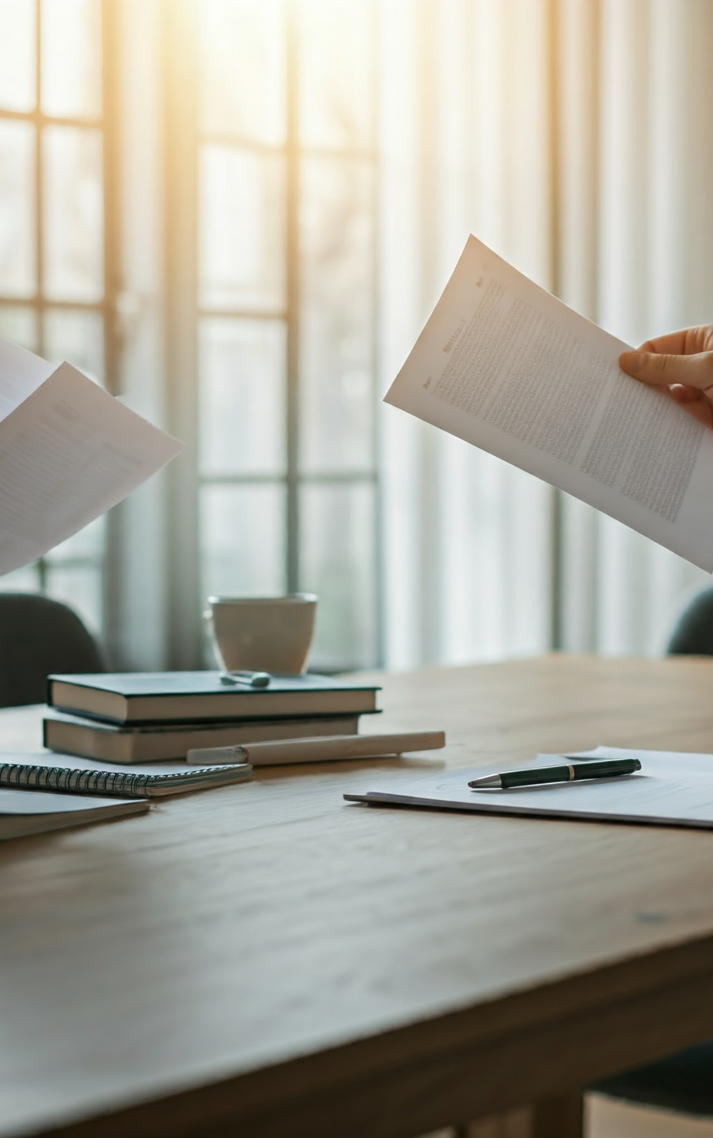 Dos personas revisando documentos en una mesa de trabajo, con libros, una libreta y una taza de café en el fondo