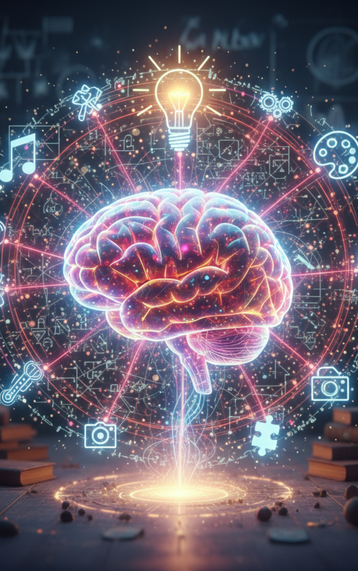 Imagen de un cerebro humano luminoso con ideas y conexiones, representando el pensamiento lateral para escritores.